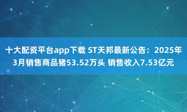 十大配资平台app下载 ST天邦最新公告：2025年3月销售商品猪53.52万头 销售收入7.53亿元